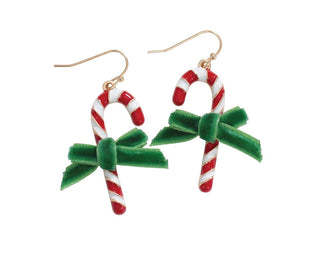 Candy Cane Drop Earrings w/ Velvet Bows