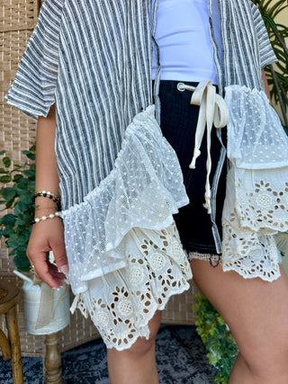 POL Black Stripe Ruffled Hem Kimono Top