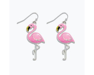 Pink flamingo charm earrings with silver hooks and colorful beak details.
