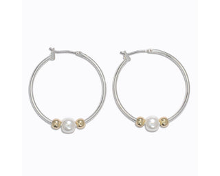 Silver Hoop w/ Pearl & Gold Beads Earrings