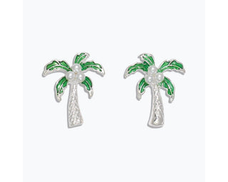 Silver palm tree stud earrings with green enamel leaves and pearl details.
