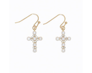 Gold cross drop earrings with pearl and crystal beads on fish hook wires.
