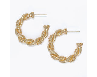 Gold twisted hoop earrings with textured spiral design and stud posts.
