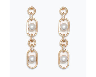 Gold link drop earrings with white pearl accents and oval chain details.
