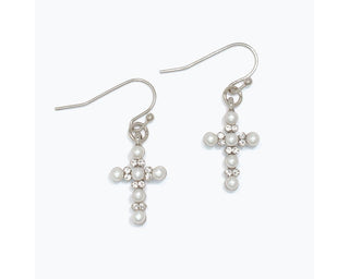 Silver cross drop earrings with pearl beads and fish hook closures on white background.
