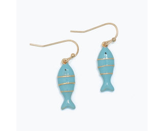 Turquoise enamel fish-shaped drop earrings with gold wire wrapping and gold hook findings.
