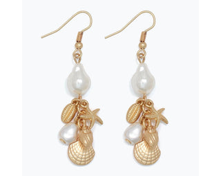 Gold sealife cluster earrings with pearl drops and shell charms on gold fish hooks.
