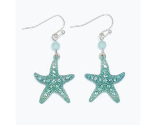 Pair of silver hook earrings with turquoise starfish charms and pale blue bead accents.
