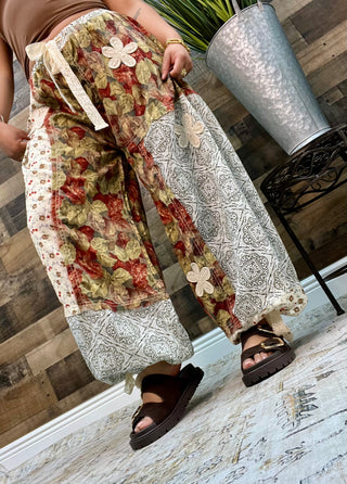 POL Dusty Red & Green Floral  Patchwork Jogger w/ Crochet Detail