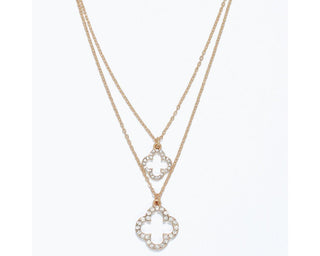 Double Layered Gold Open Clovers Necklace w/ Crystals