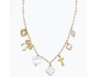 Gold Charm Necklace with Heart, Cross, Bow, Pearl & Clover