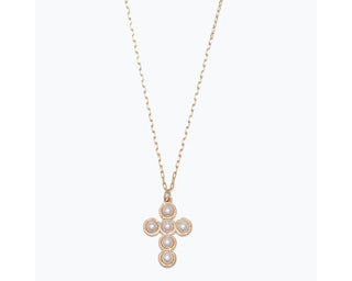 Gold cross pendant necklace with pearl inlay details on delicate chain.
