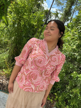 VOY Pink Embroidered Top w/ Contrast Band