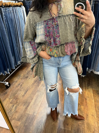 Dusty Olive Overdyed Vintage Boho Tiered Ruffle Top