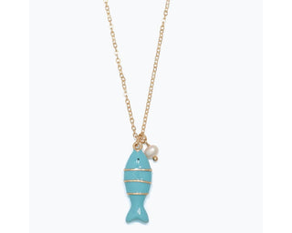Turquoise enamel fish pendant with gold wire wrapping and pearl charm on delicate gold chain necklace.
