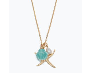 Gold chain necklace with turquoise shell, starfish charm, and white pearl pendant.
