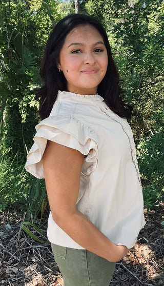 Women's Ruffle Trim Top with Flutter Sleeves in Two Colors - Stylish and Versatile Fashion Wear