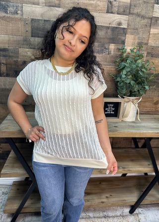 Staccato Ivory Open Weave Vertical Textured Stripe Top