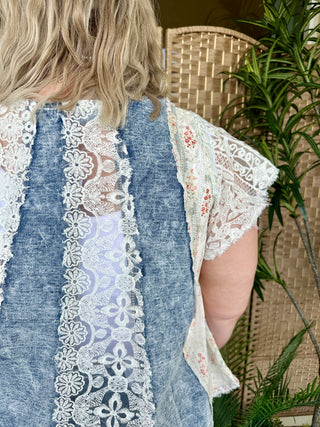 Alternate view of POL Hopelessly Devoted Chambray Patchwork Top
