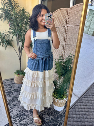 Alternate view of Wanna Be Her Denim Ruffle Overall Dress
