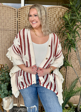 Cream and burgundy striped crochet cardigan with short flutter sleeves and button front closure.
