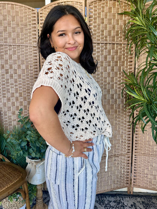 Alternate view of Vacay Ready Open Weave Oatmeal Sweater Top
