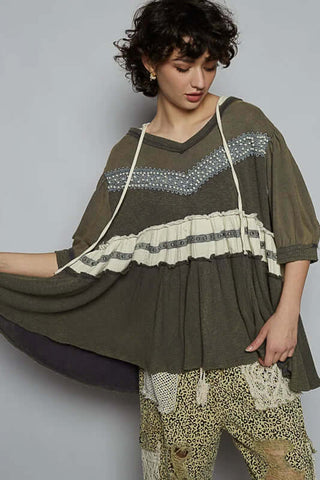 POL Olive & Charcoal Pearl Top - Stylish short sleeve blouse with pearl accents, perfect for chic and casual wear.