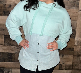 Sage Green Half Hoodie Half Button Long Slv Top