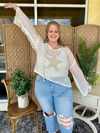 Alternate view of POL Shine Bright Star Ivory Open Weave Top
