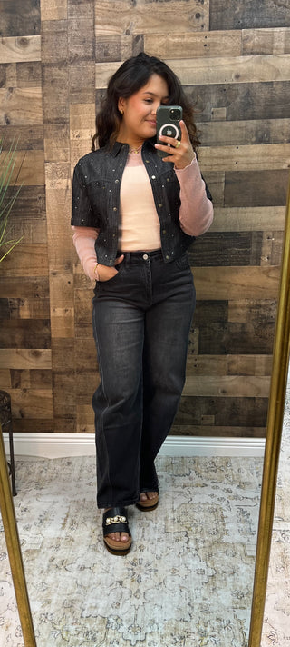 Cozy Co Rhinestone BLACK Denim Short Sleeve Shrug Top