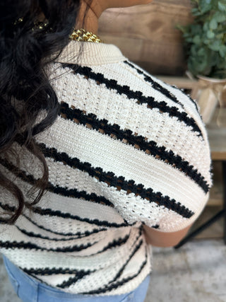 Alternate view of Staccato Ivory & Black Striped Pointelle Short Slv Top
