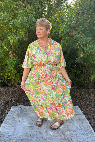 Oddi Minty Garden Floral Printed Tiered Midi Dress w/ Puff Sleeve & Elastic Waist