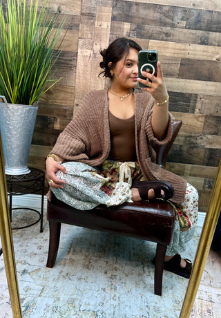 POL Dusty Red & Green Floral  Patchwork Jogger w/ Crochet Detail