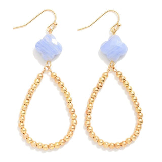 Elegant Blue Clover Stone & Gold Bead Teardrop Earrings on white background, ideal for adding sophistication to any outfit.