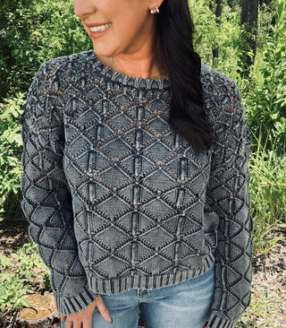 Adora Mineral Wash Diamond Pattern Crochet Sweater Top (2 COLORS)