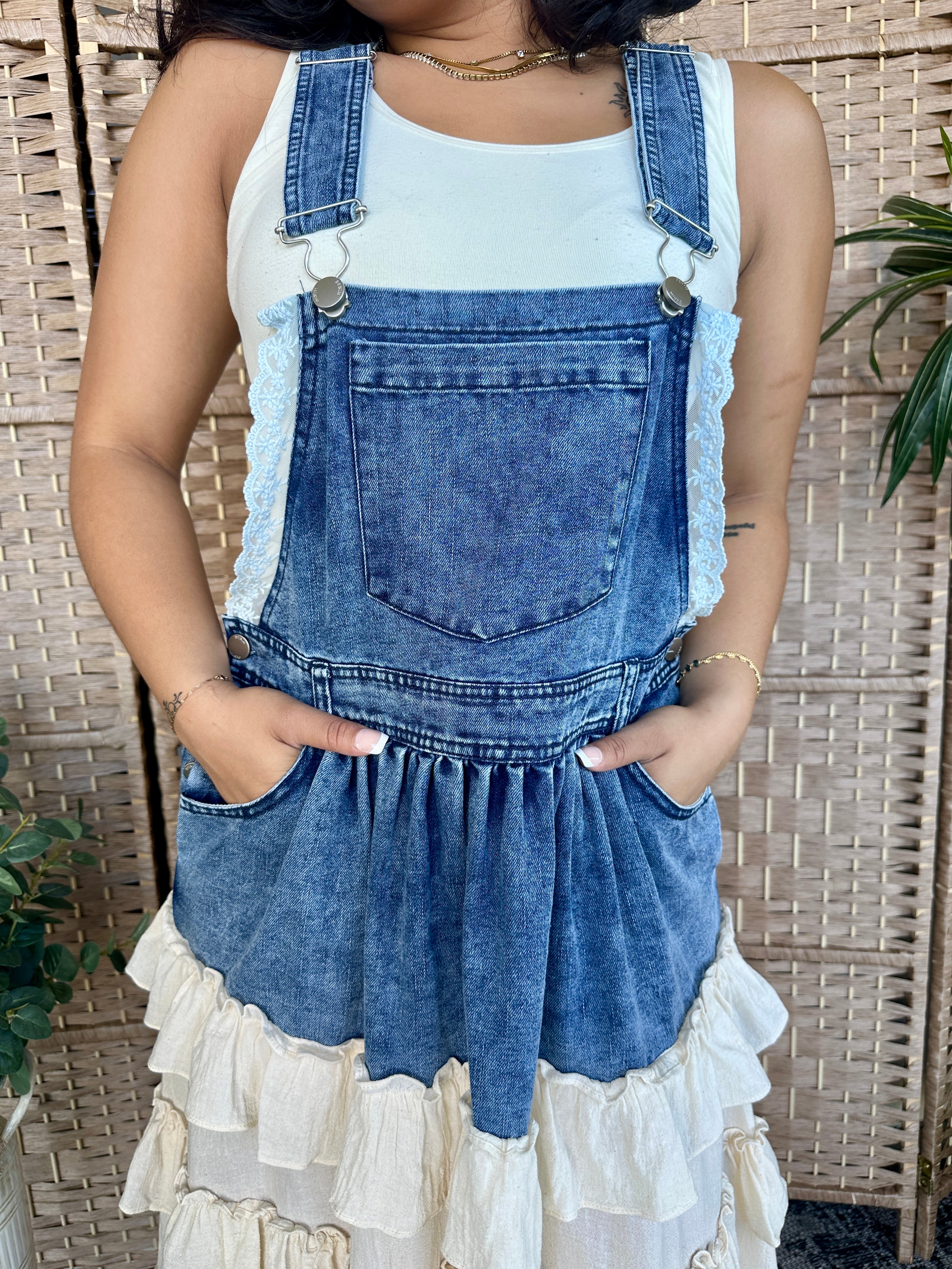 Wanna Be Her Denim Ruffle Overall Dress Small