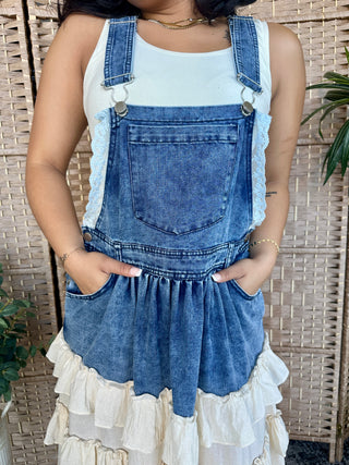 Alternate view of Wanna Be Her Denim Ruffle Overall Dress
