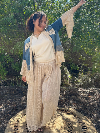 Young Threads Desert Dream Washed Denim & Lace Kimono Cardigan Top