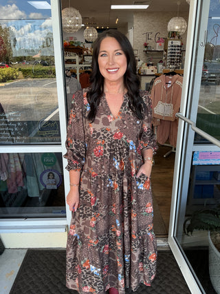 Umgee Brown Leopard Dress w/ Rusty Florals