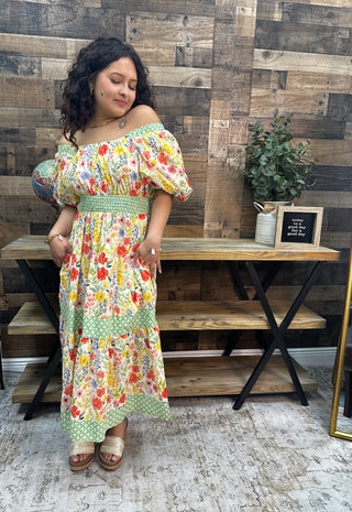Alternate view of Jodifl Butter Yellow Floral Green Trim Peasant Midi Dress
