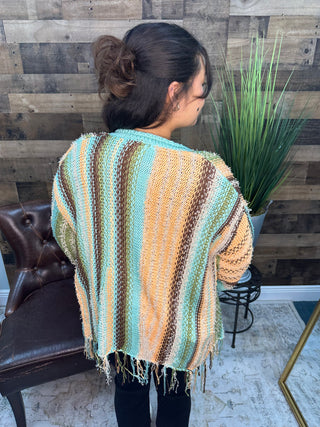 Easel Aqua Peach Multi Stripe Fringe Cardigan Sweater