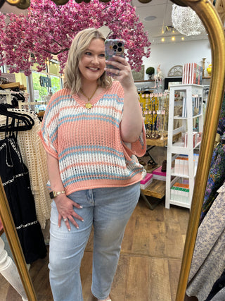 Alternate view of POL Coral & Aqua Stripe Crochet Top
