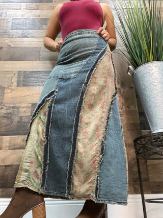 Western Boho Patch Inserted Denim Midi Skirt