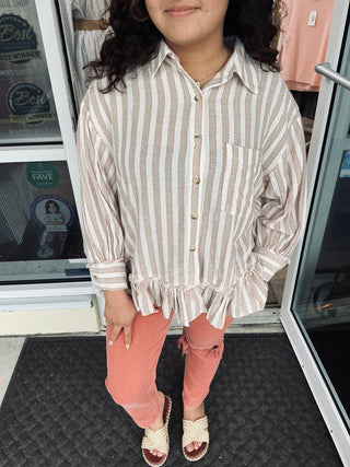 Easel Striped Linen Ruffle Hem Button Down Top (2 COLORS)