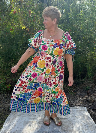 Oddi Carinival Bloom Floral Border Print Dress w/ Bubble Sleeve