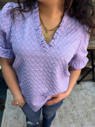 Staccato Lavender Ruffle V Neck Short Slv Top