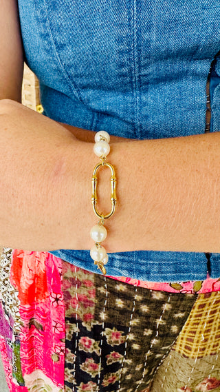 Pearl & Bamboo Link Gold Magnetic Bracelet
