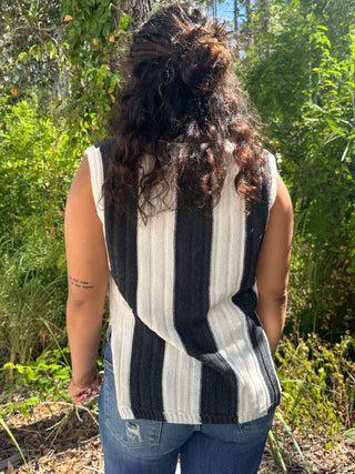 Mello Charcoal & Ivory Stripe Sleeveless VNeck Crochet Top