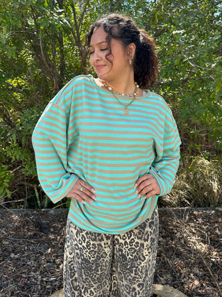 Mint & Beige Stripe French Terry Raw Edge Top