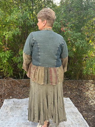 Young Threads Bell Slv Patchwork Denim Kimono Shrug